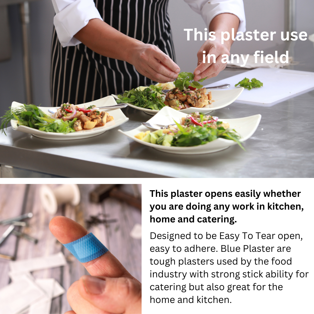 Blue Waterproof Detectable Chef Plasters – Food Safe Metal Detectable Catering First Aid Plasters | Sterile | AriaChef