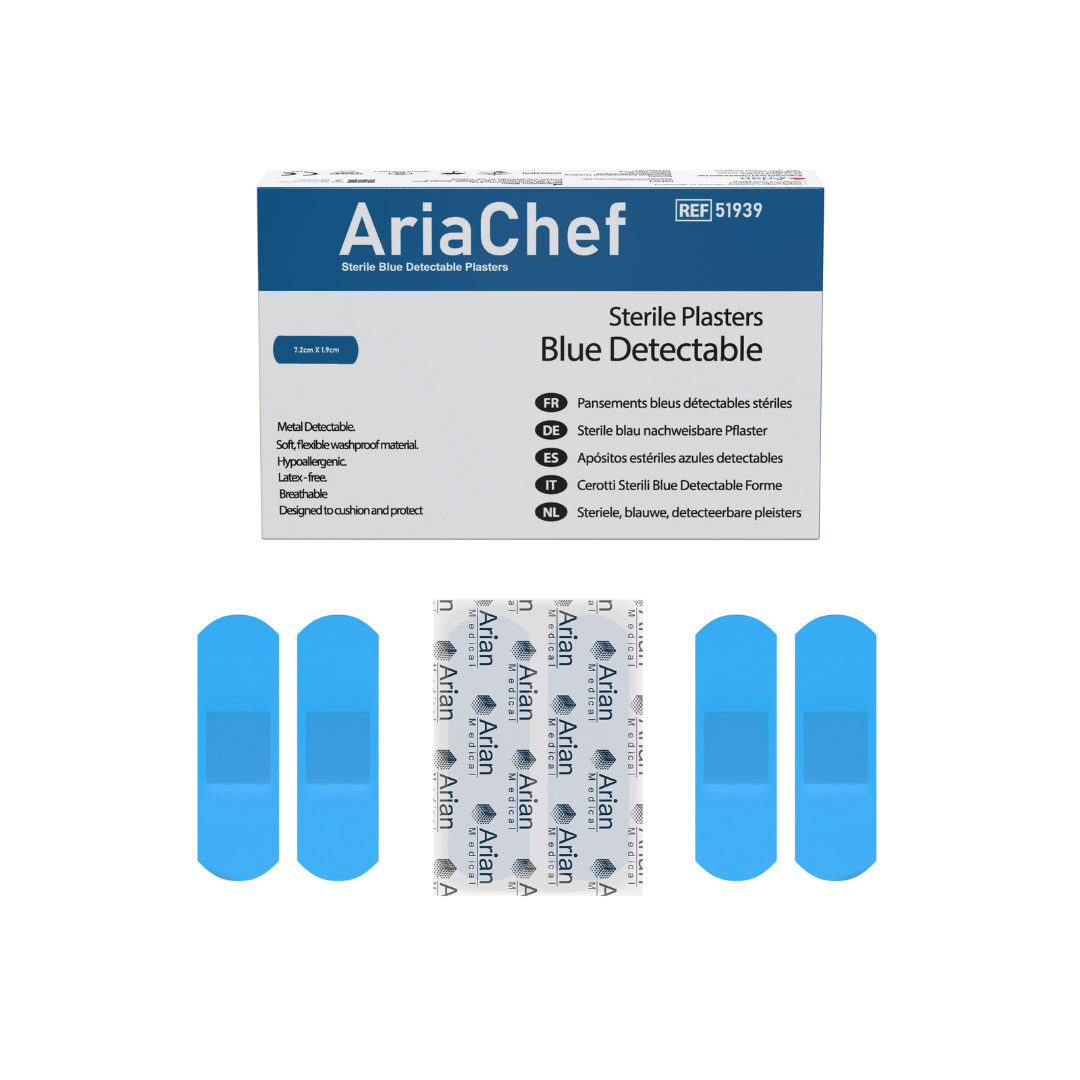 Blue Waterproof Detectable Chef Plasters – Food Safe Metal Detectable Catering First Aid Plasters | Sterile | AriaChef