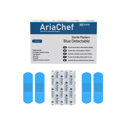 Blue Waterproof Detectable Chef Plasters – Food Safe Metal Detectable Catering First Aid Plasters | Sterile | AriaChef