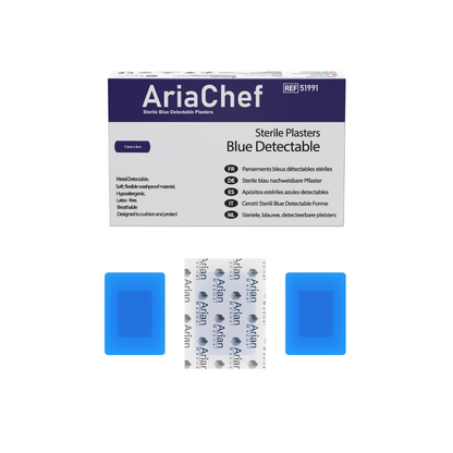 Blue Waterproof Detectable Chef Plasters – Food Safe Metal Detectable Catering First Aid Plasters | Sterile | AriaChef