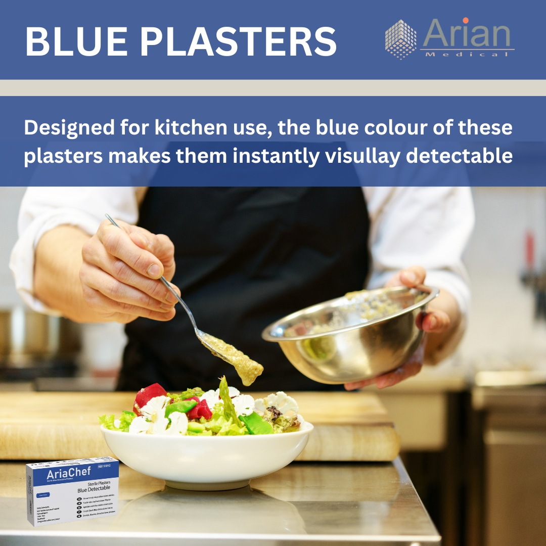 Blue Waterproof Detectable Chef Plasters – Food Safe Metal Detectable Catering First Aid Plasters | Sterile | AriaChef