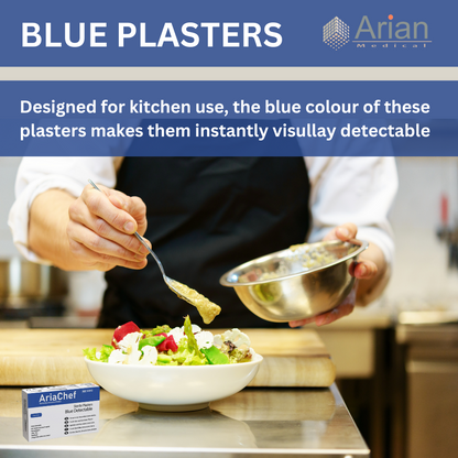 Blue Waterproof Detectable Chef Plasters – Food Safe Metal Detectable Catering First Aid Plasters | Sterile | AriaChef