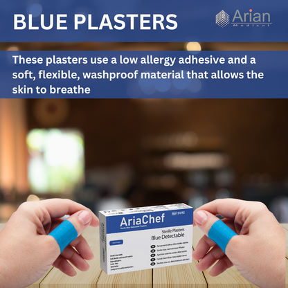 Blue Waterproof Detectable Chef Plasters – Food Safe Metal Detectable Catering First Aid Plasters | Sterile | AriaChef