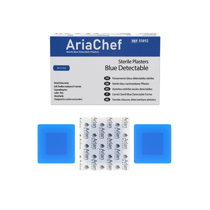 Blue Waterproof Detectable Chef Plasters – Food Safe Metal Detectable Catering First Aid Plasters | Sterile | AriaChef